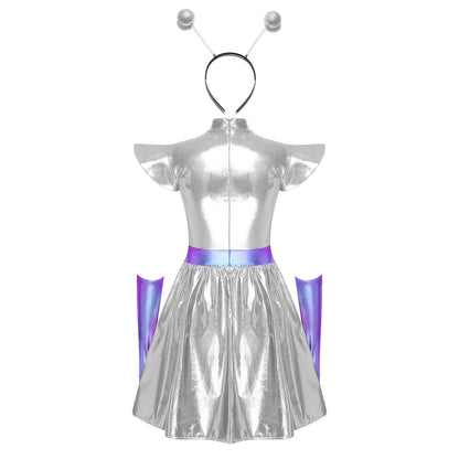 Zilverkleurige metallic astronauten-alien-tutu-jurk voor vrouwen, cosplayruimtecadetromper, Halloweenfeestjurk 2026