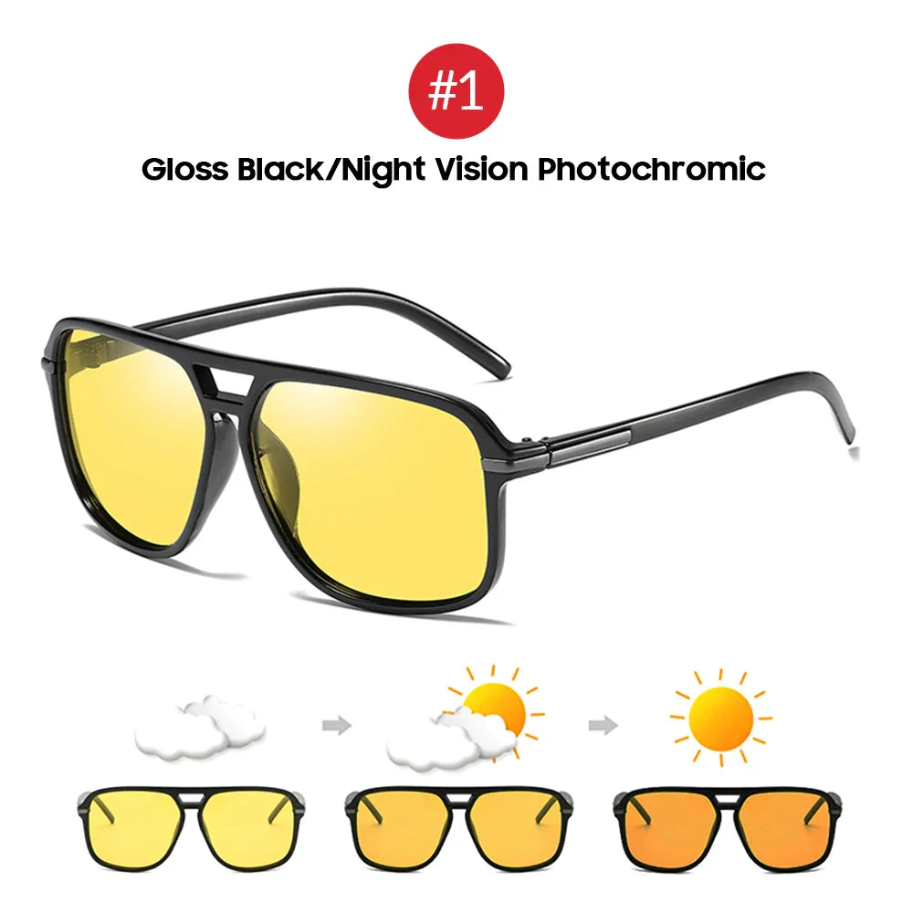 Polaroid nattseende solbriller med store firkantede fotokromatiske linser for kjøring fra dag til natt Høst 2025 trend