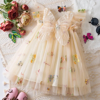 Lightweight flowy girls' dress - knee-length tulle, floral print, polyester, for weddings