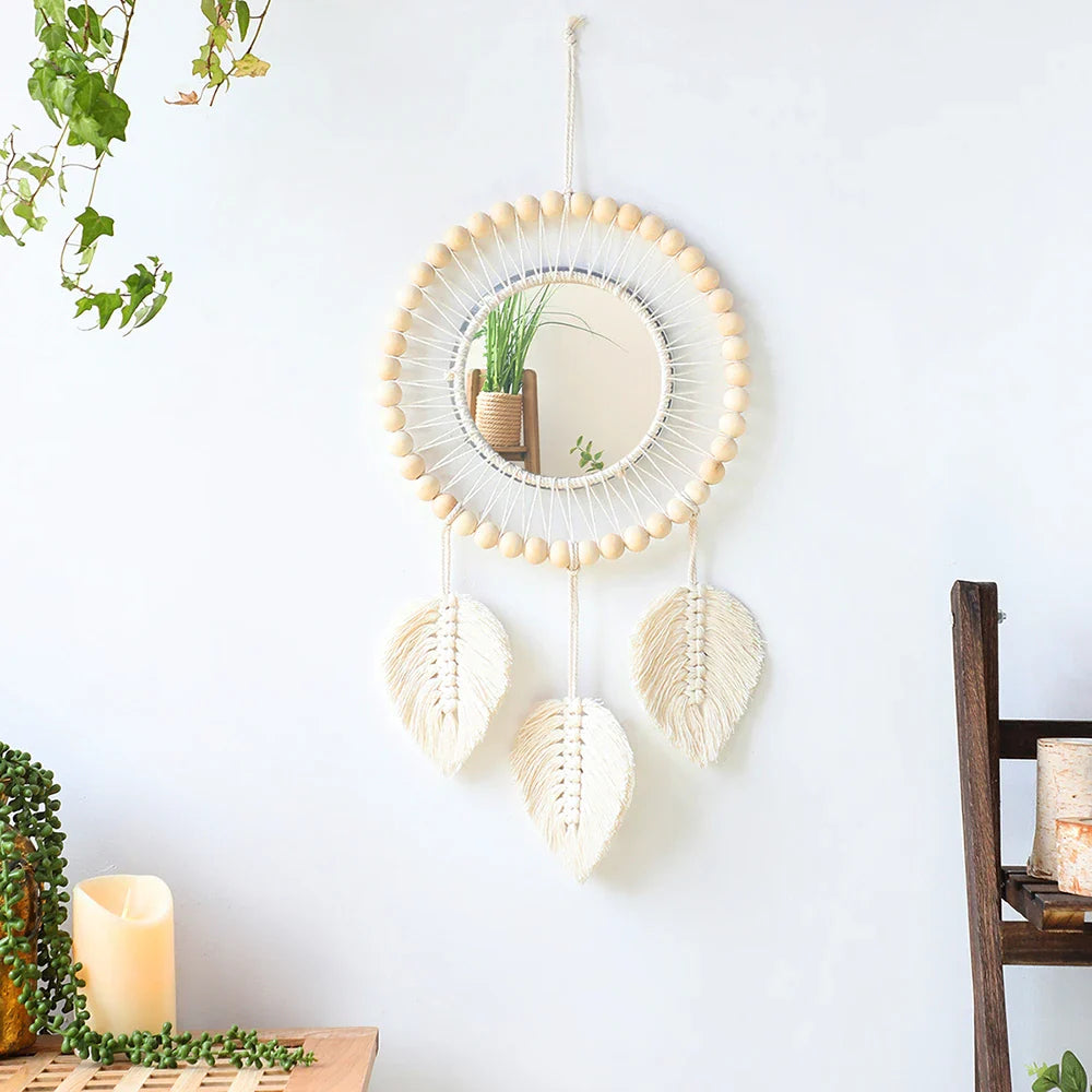 Set di Specchi Macramè con Frangia in Cotone Specchi da Parete Boho Appendibili Autunno 2025 Decorazione Accogliente per Cameretta Regalo per la Casa