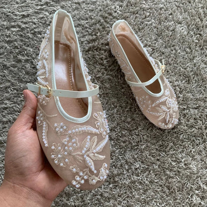 Breathable Women Ballet Flats - Mary Jane Mesh, Embroidered