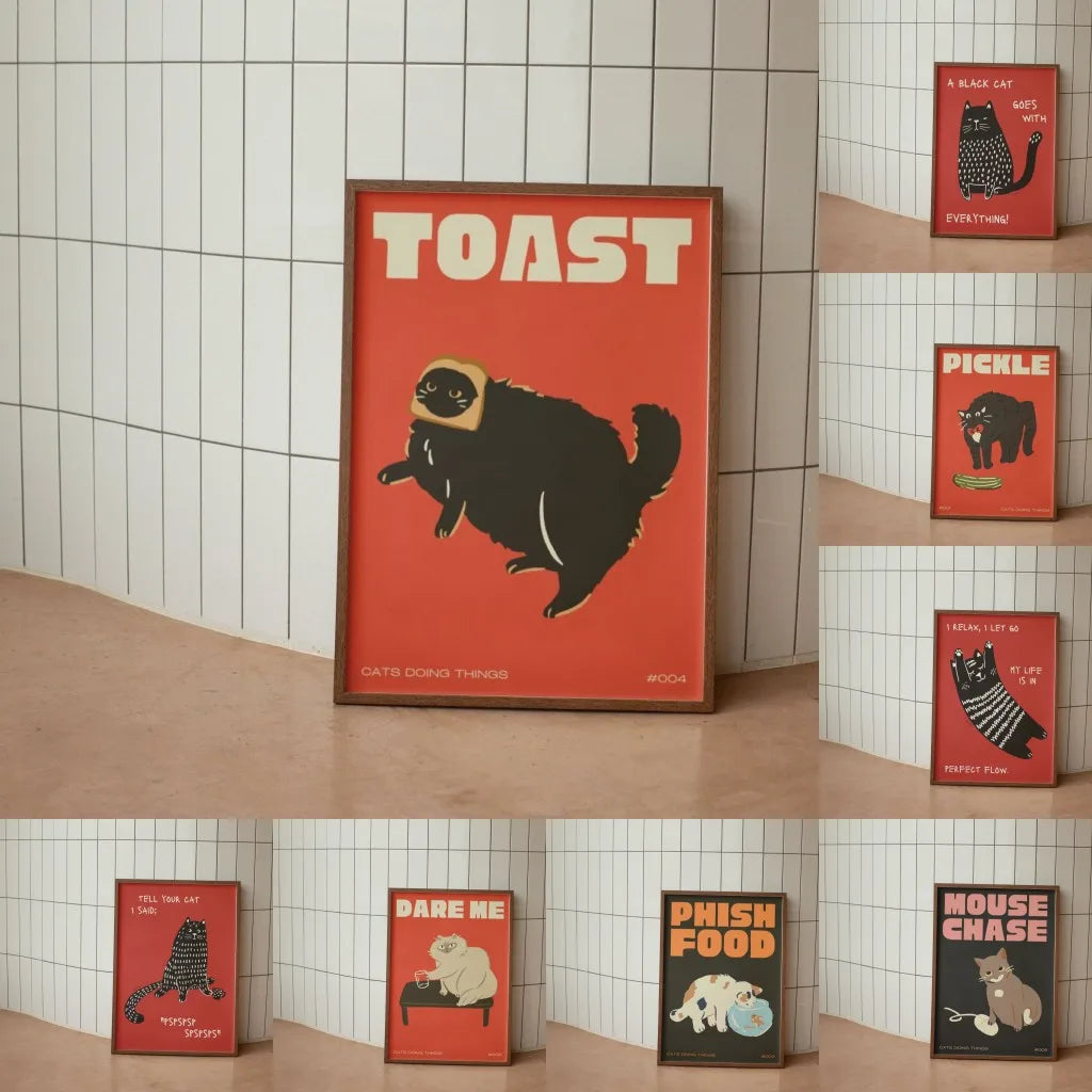 Black Cat Wall Art Red Orange Canvas Print Waterproof