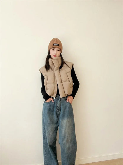 Warm Women Short Down Vest - Stand-Up Collar, Winter