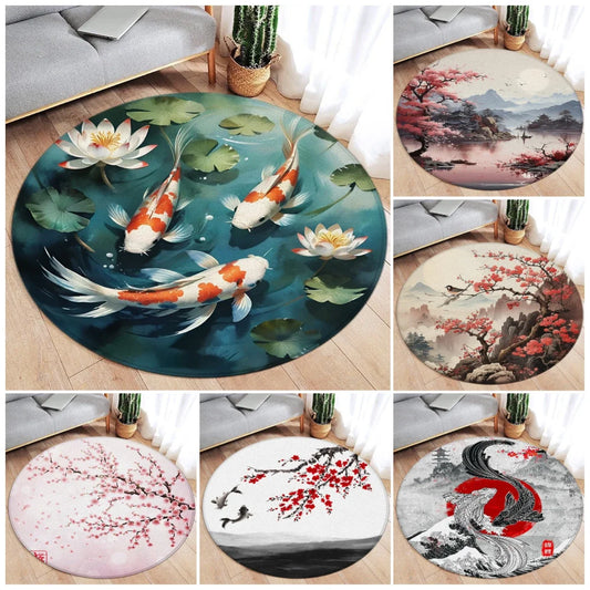 Koi Fish Round Rug Japanese Water Ink Floor Decor Serene