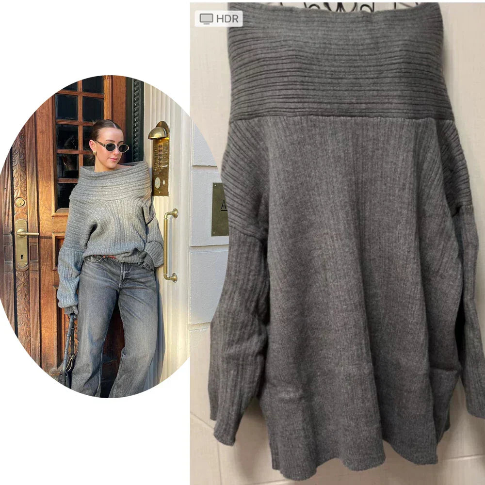 Oversized kvindesweater - Slidset krave med krave, ribstrikket til efteråret