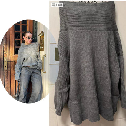 Oversized kvindesweater - Slidset krave med krave, ribstrikket til efteråret