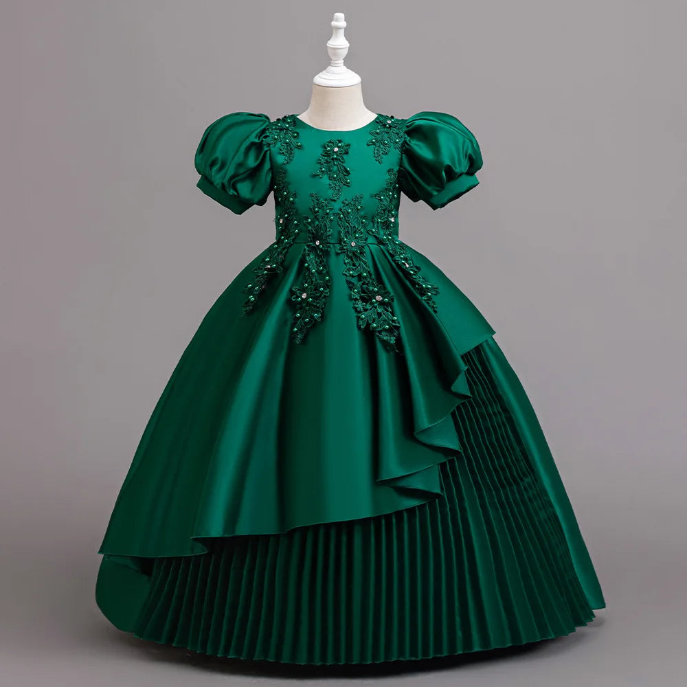 Zachte meisjesjurk – pofmouwen, kanten lijfje, geplooide gelaagde rok, katoen-polyester mix, voor bruidsmeisje ceremonie