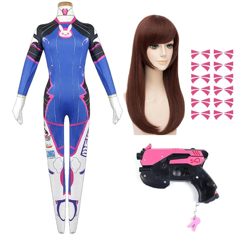 Overwatch DVa Meka Pilot Zentai Jumpsuit Cosplay Costume Set with Wig Headphones and Gun Props 2026