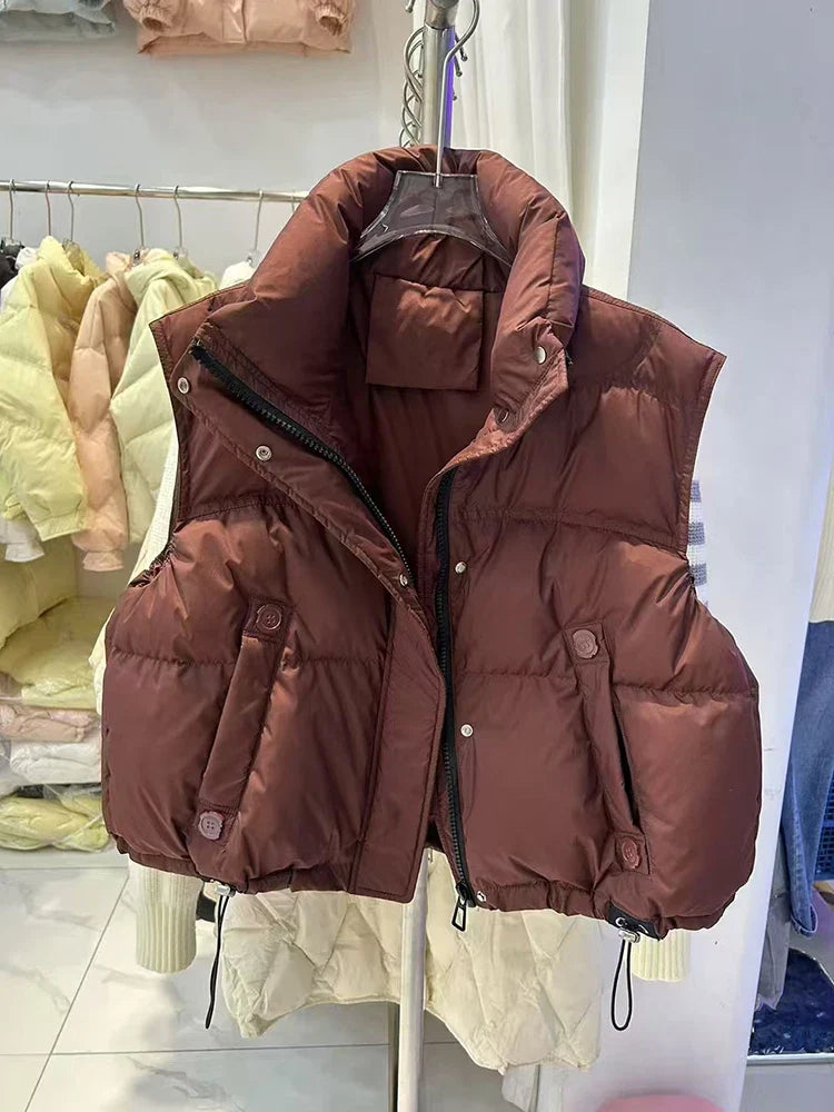 Warm Women’s Down Vest - Stand Collar, Duck Down, Winter