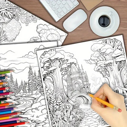 Coloring Book 22 Page Psychedelic Forest Stress Relief Activity Gift Fall 2025 Trend