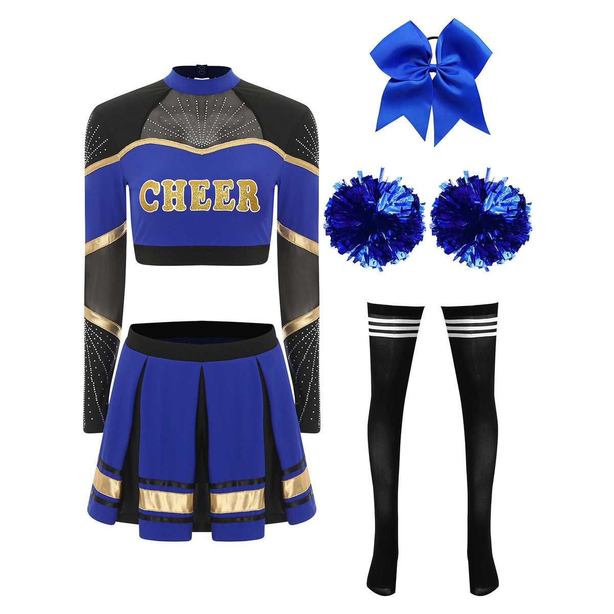 Cosplaykostuum voor cheerleaderoptredens voor vrouwen, crop-top met lange mouwen en geplooide rok met pompons 2026