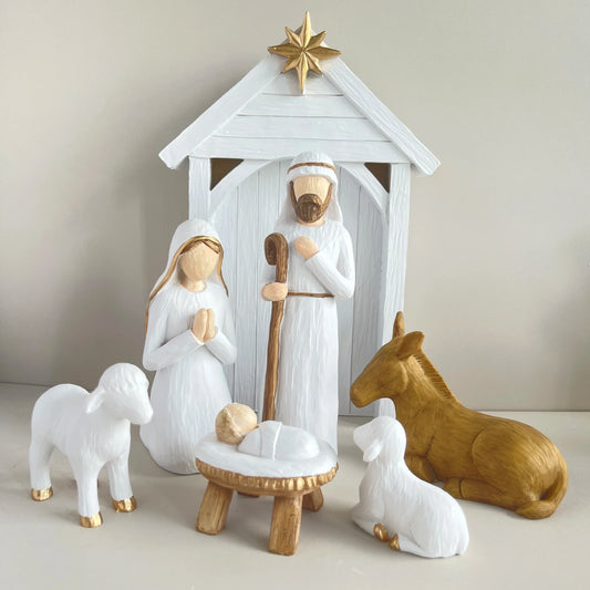 Nativity Scene Large 7-Piece Set White And Gold Resin Figures Faceless Holy Family Christmas Decor 2025 Gift