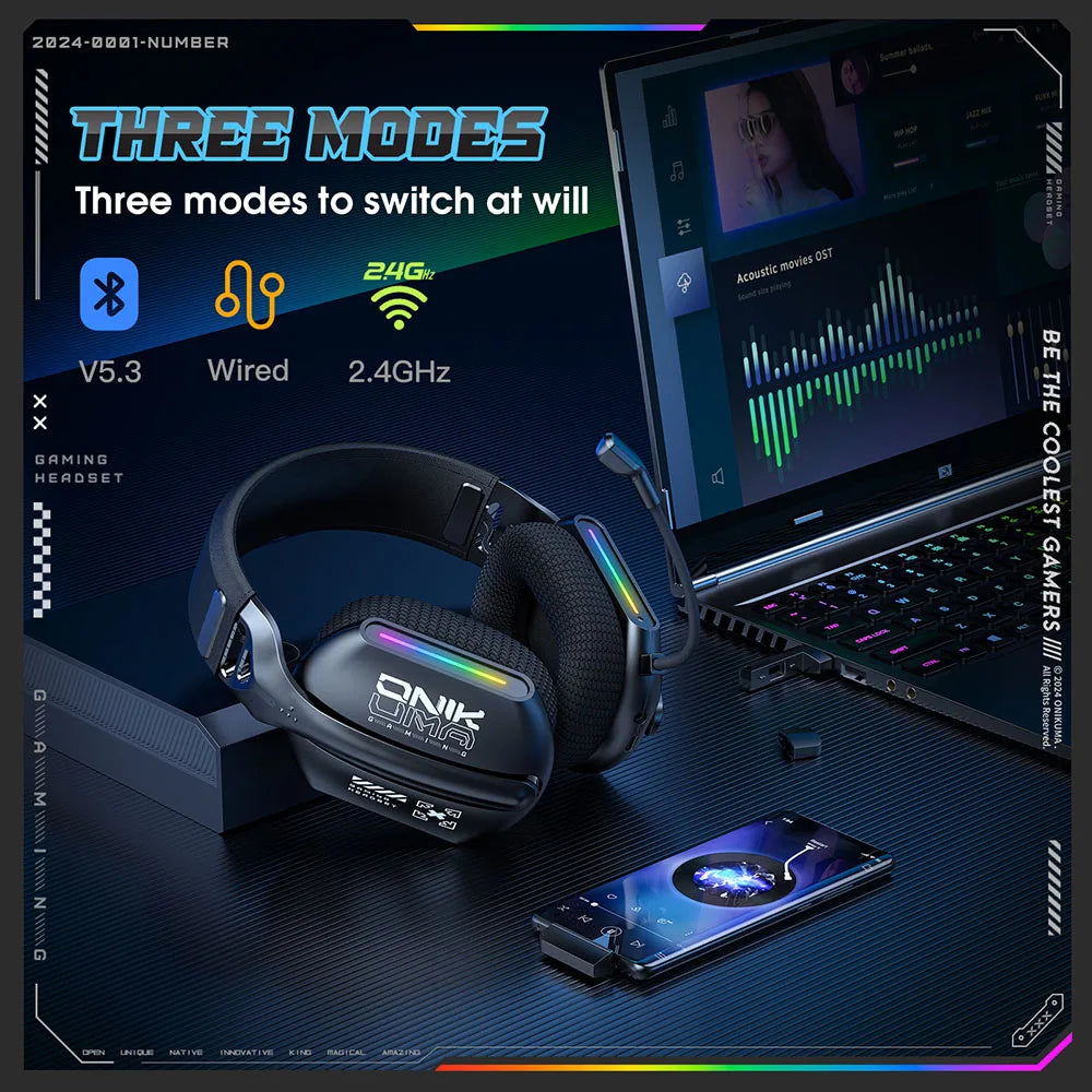 Wireless Gaming Headset Tri Mode Bluetooth Wired Immersive