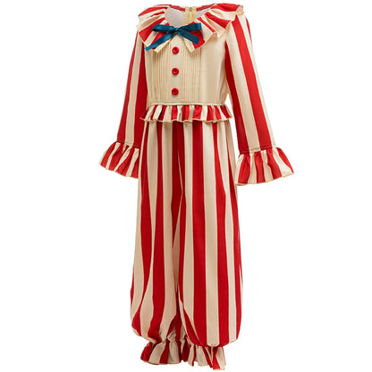 Gestreept jumpsuit voor jongens met circusclownmotief, Halloween-carnavalskostuum, verjaardagsgoochelaarsoutfit voor op het podium 2026