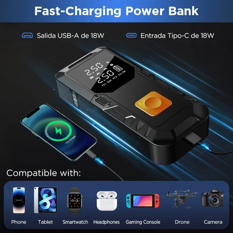 Auto Starthilfe 4-in-1 Tragbare Powerbank Luftkompressor Schnellladung 12V Notfallstarter Herbst 2025 Geschenk