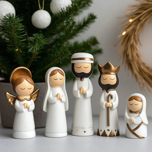 Nativity Set Resin 7 Piece White Gold Christmas Nativity Figurines For Tabletop Decor Holiday Gift Idea