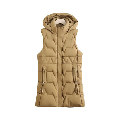 Lightweight Cozy Women Long Puffer Vest - Hooded Down