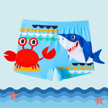 Quick-dry boys' swim shorts - cartoon crab and shark print 2pc set, polyester, for swimming and beach days