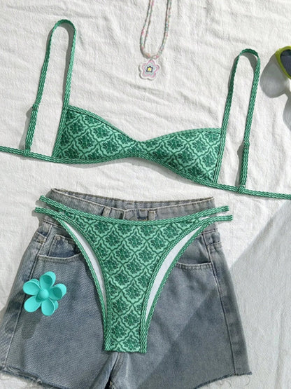 Hurtigtørrende kvindelig bikinisæt – høj benudskæring blomsterprint, polyester, elastan, til svømning