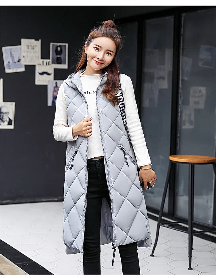 Lightweight Women's Long Puffer Vest - Hooded Cotton Winter