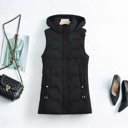 Lightweight Cozy Women Long Puffer Vest - Hooded Down