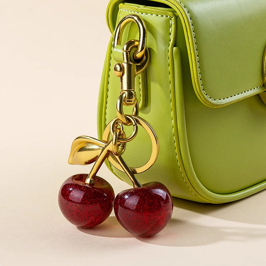 Red Cherry Keychain Bag Charm With Gold Leaf Lobster Clasp