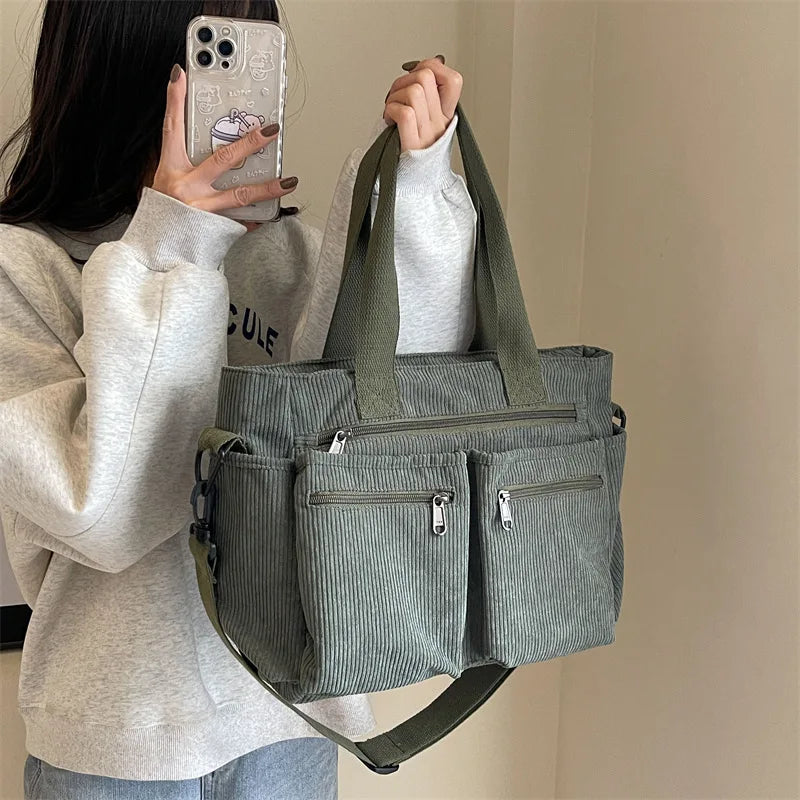 Relaxed women's corduroy messenger bag – multi-pocket, casual commuter tote, oversized