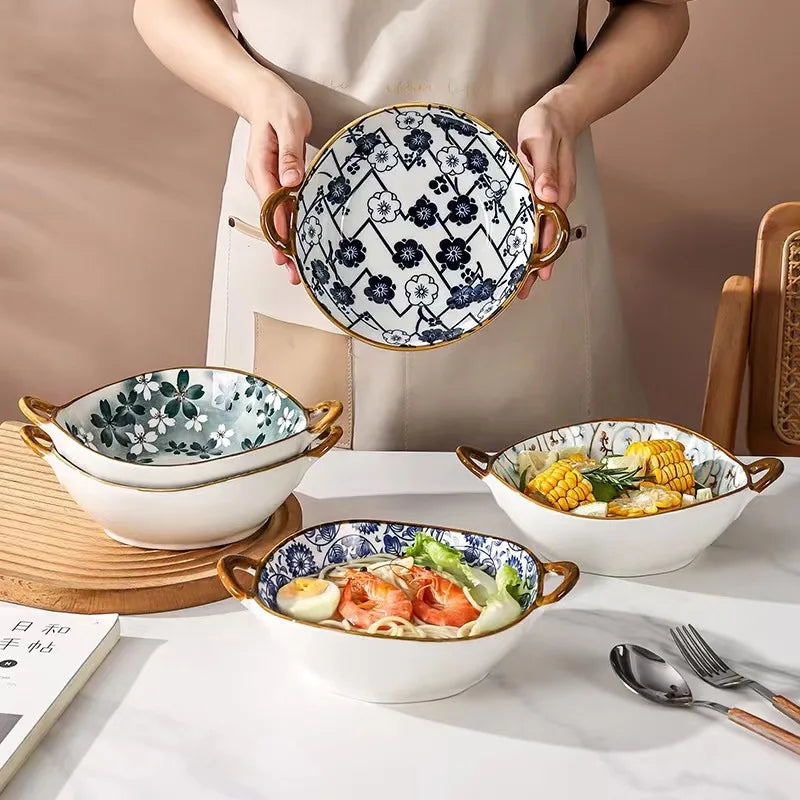 7.5 tums japansk keramisk nudelskål med handtag blå