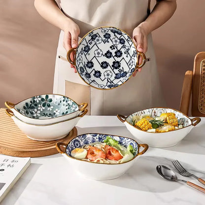 7.5 tums japansk keramisk nudelskål med handtag blå