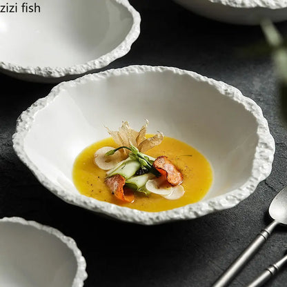 Vit porslinssoppskål med stenkanter Modern bordsservis