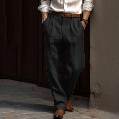 Cotton Linen Pleated Pants For Men - Solid Color Straight Leg Office Trousers