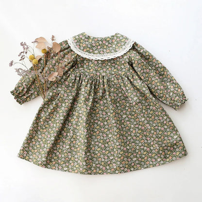 Vestito classico morbido per bambine – floreale, manica lunga, lunghezza al ginocchio, cotone, per occasioni speciali