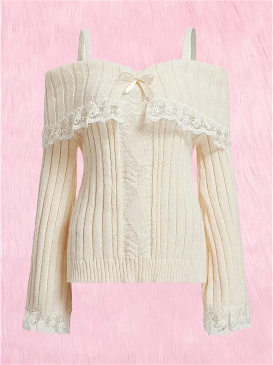 Fitted Womens Off Shoulder Sweater - Ribbed Lace Trim