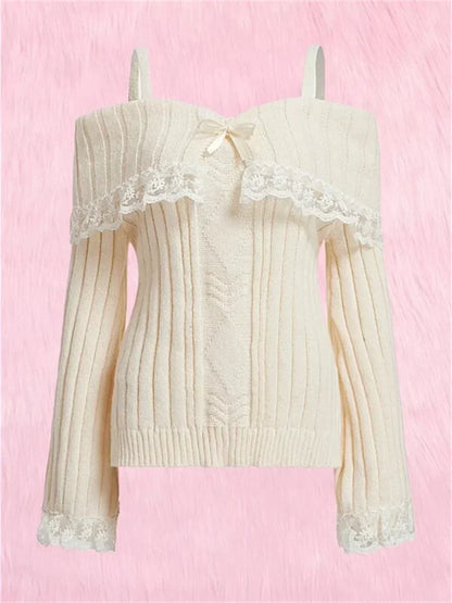 Fitted Womens Off Shoulder Sweater - Ribbed Lace Trim