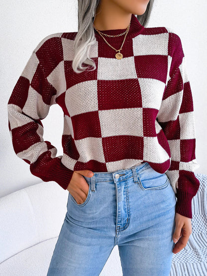 Oversized Cozy Women's Knit Sweater - Checkered, Soft