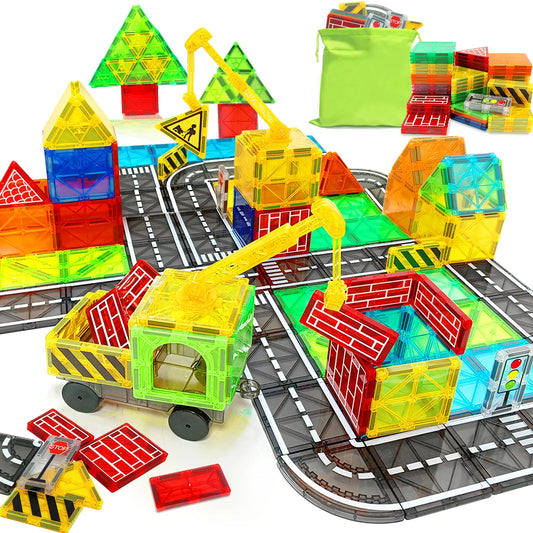 Magnetic Building Blocks Road Set with Cars - Fun Construction Toy for Boys & Girls, Ideal Christmas & Birthday Gift for Toddlers