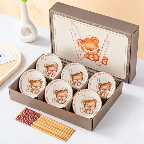 Japansk handmålad keramisk skålsats med ätpinnar