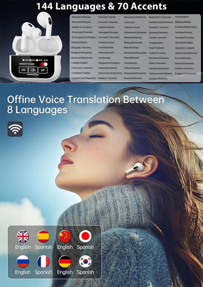 AI Translator Earbuds Offline 144 Languages 60H Case