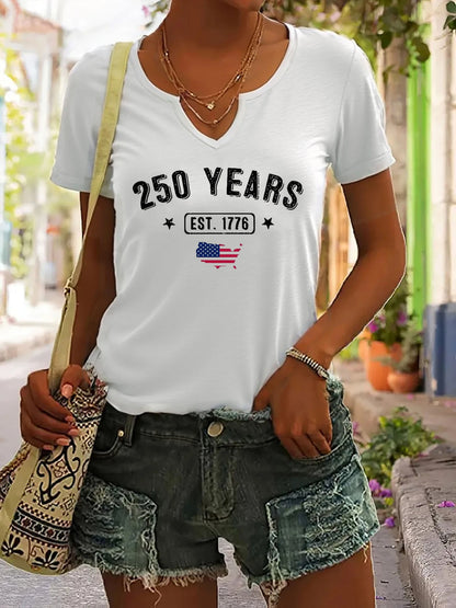 Breathable women's t-shirt – V-neck, short sleeve, patriotic EST.1776 USA print, casual top