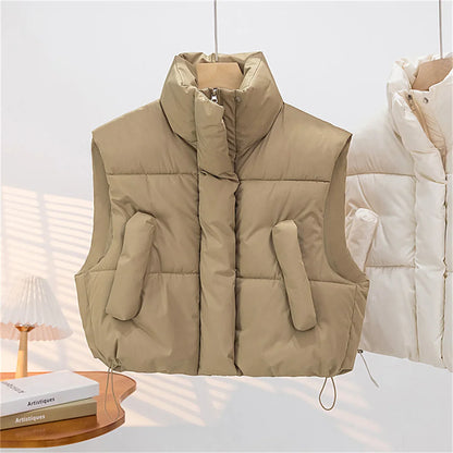 Warm Women Short Down Vest - Stand-Up Collar, Winter