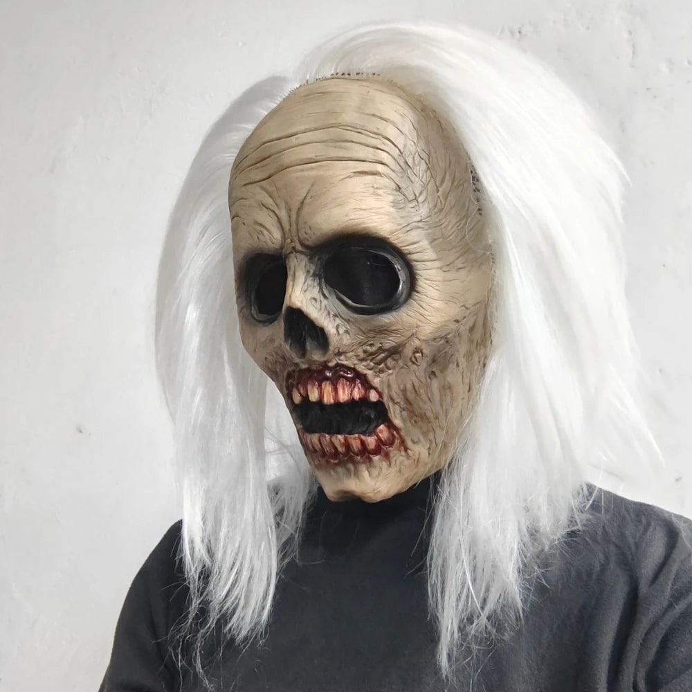 Latex horrormasker voor volwassenen met wit haar, vampier en zombiestijl, dat het hele hoofd bedekt, Halloween-kostuumdecoratie en -rekwisiet 2026