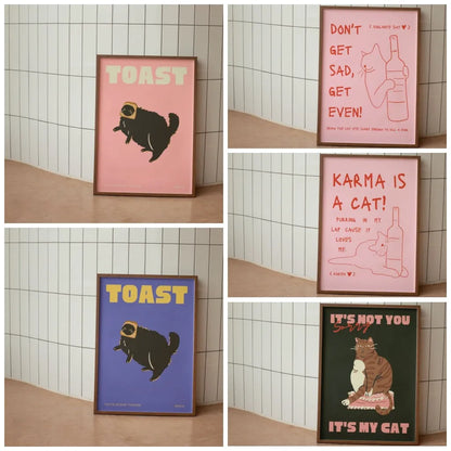 Black Cat Wall Art Red Orange Canvas Print Waterproof