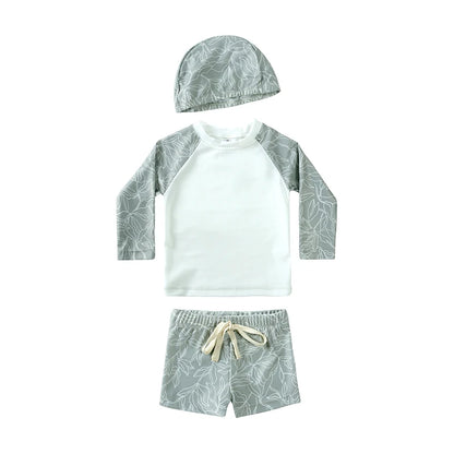 Breathable Kids Rash Guard Swim Set – Long-Sleeve Top, Swim Pants, Hat, Polyester Elastane, Beach Vacation