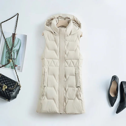 Lightweight Cozy Women Long Puffer Vest - Hooded Down