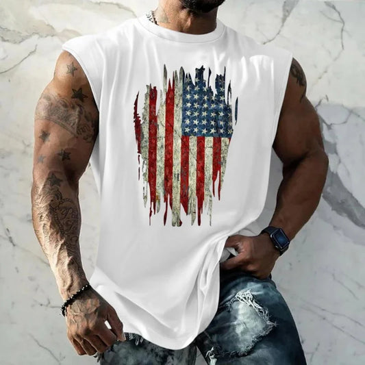 Breathable Men's Tank Top - Round-Neck, Sleeveless, 3D-Printed American Flag Heart Graphic, Casual Summer Wear