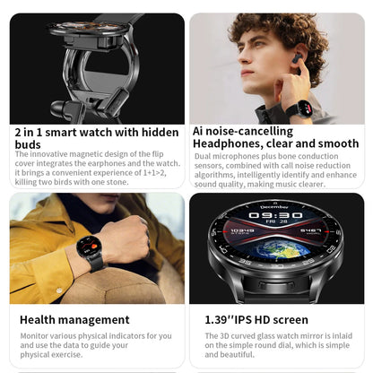 Smartwatch med TWS-øretelefoner, 1,39-tommer touchskærm, pulsmåler, multisport-tilstand, 300mAh batteri efterår 2026
