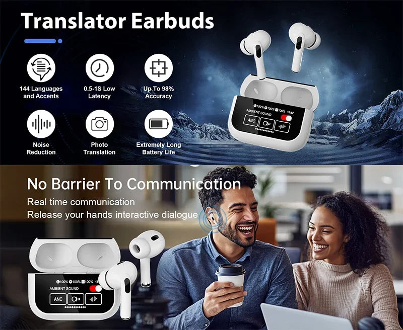 AI Translator Earbuds Offline 144 Languages 60H Case