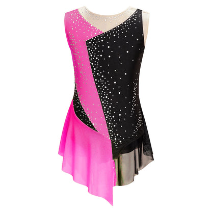 Stretchy Flattering Girls' Dance Leotard - Sleeveless Rhinestone Mesh Top, Polyester, Nylon, Elastane, For Competition