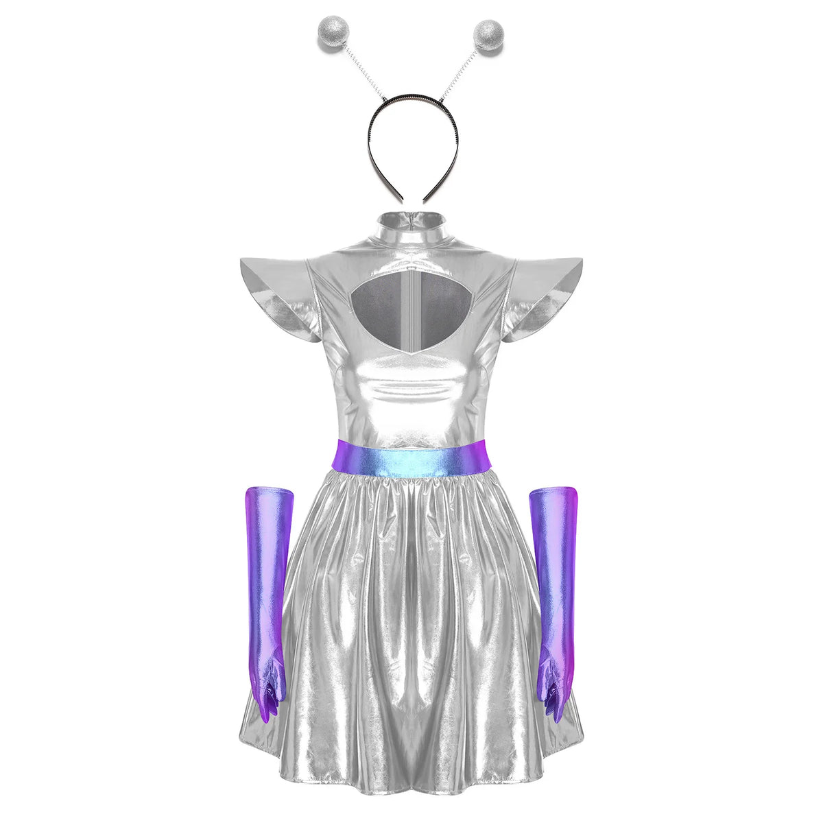 Zilverkleurige metallic astronauten-alien-tutu-jurk voor vrouwen, cosplayruimtecadetromper, Halloweenfeestjurk 2026