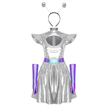 Zilverkleurige metallic astronauten-alien-tutu-jurk voor vrouwen, cosplayruimtecadetromper, Halloweenfeestjurk 2026